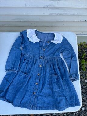 Girls Blue Denim Button-Front Dress with White Eyelet Collar